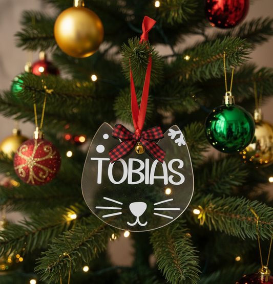 Ornamento Acrilico Personalizado em Forma de Gato | Decoração de Natal para Animais de Estimação