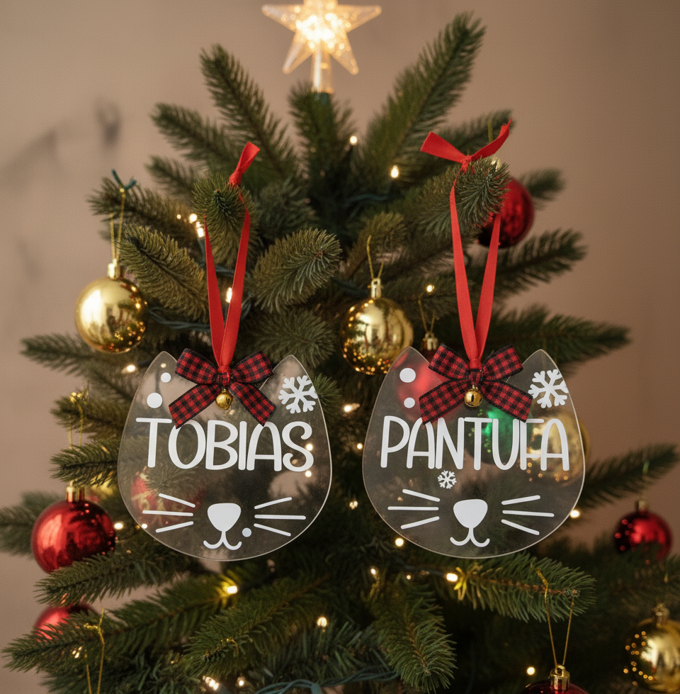Ornamento Acrilico Personalizado em Forma de Gato | Decoração de Natal para Animais de Estimação