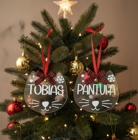 Ornamento Acrilico Personalizado em Forma de Gato | Decoração de Natal para Animais de Estimação
