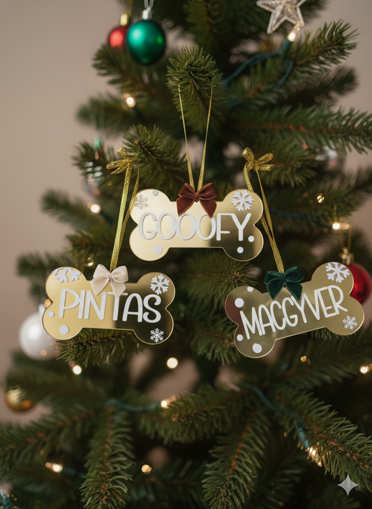 Ornamento Dourado Personalizado em Forma de Osso | Decoração de Natal para Animais de Estimação